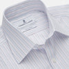 View 2 of product The Turnbull & Asser Blue Multi Stripe Regular Fit Mayfair Shirt features light blue vertical stripes on white, a classic collar, long sleeves, and buttoned cuffs, displayed on a plain white surface.