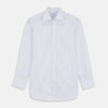View 1 of product The Turnbull & Asser Blue Multi Stripe Regular Fit Mayfair Shirt features light blue vertical stripes on white, a classic collar, long sleeves, and buttoned cuffs, displayed on a plain white surface.