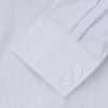 View 3 of product The Turnbull & Asser Sky Blue Bengal Stripe Tailored Fit Shirt features a Kent collar and 2-button cuffs, displayed neatly flat against a white background.