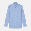 View 1 of product The Turnbull & Asser Powder Blue Stripe Tailored Fit Shirt features a Kent collar and 2-button cuffs, with powder blue and white vertical pinstripes, shown against a plain white background.