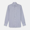 View 1 of product The Turnbull & Asser Blue Check Tailored Fit Shirt features a Kent collar, 2-button cuffs, and white buttons. Made from fine Italian cotton with a small blue and white checkered pattern, it's displayed on a plain white background.