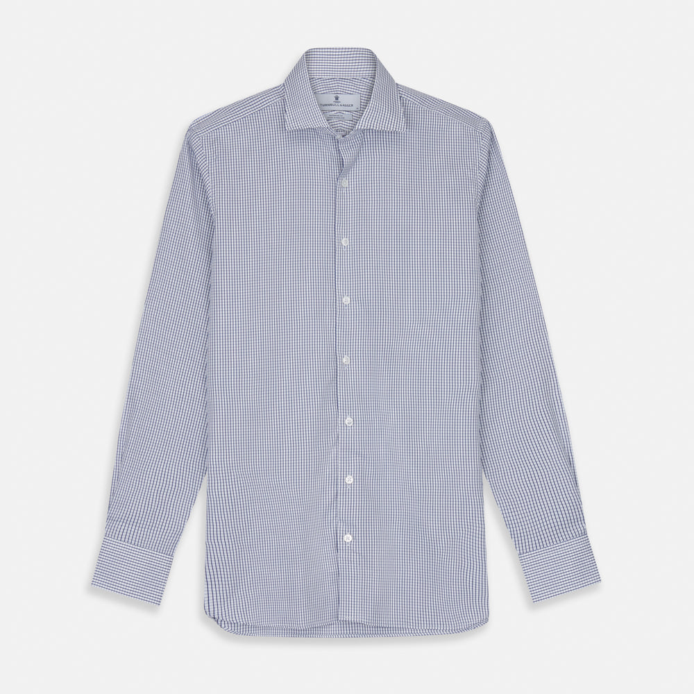 The Turnbull & Asser Blue Check Tailored Fit Shirt features a Kent collar, 2-button cuffs, and white buttons. Made from fine Italian cotton with a small blue and white checkered pattern, it's displayed on a plain white background.