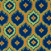 View 3 of product The Yellow Medallion Printed Silk Tie by Turnbull & Asser features a bold abstract medallion pattern in blue, green, and orange on yellow silk, displayed rolled up against a plain white background.