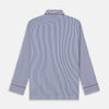 View 6 of product The Turnbull & Asser Navy & White Stripe Cotton Modern Pyjama Set features blue and white Bengal stripes with red piping, a long-sleeve button-up top, chest pocket, and matching pants. Shown laid flat on a white background.