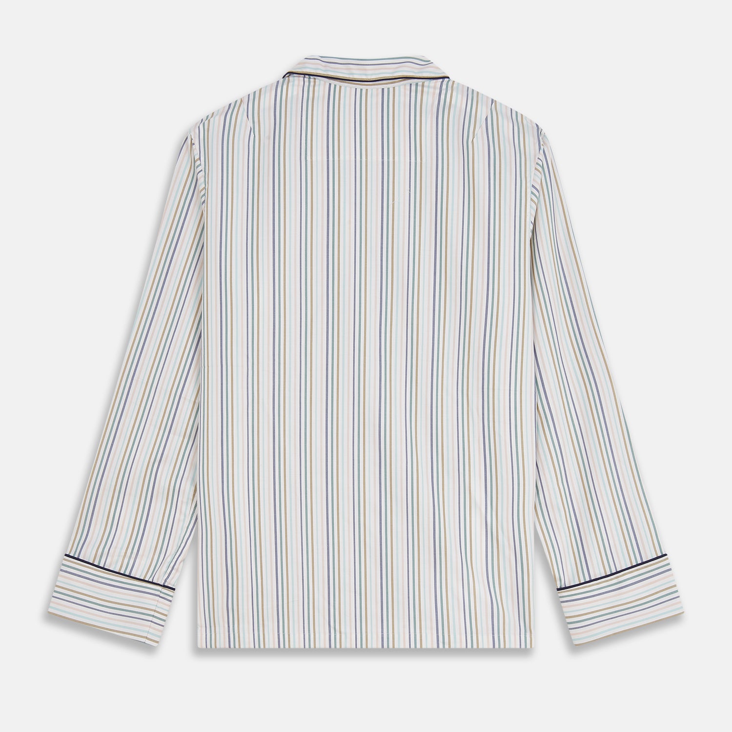 View 6 of product Turnbull & Asser’s Green Multi Stripe Harriet Women’s Pyjama Set features premium cotton, a button-up long-sleeve top, drawstring pants, and thin blue, green, and beige stripes on white with black piping for a timeless look.