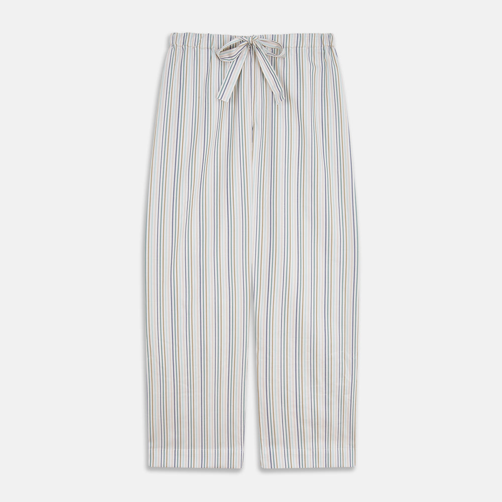 Turnbull & Asser’s Green Multi Stripe Harriet Women’s Pyjama Set features premium cotton, a button-up long-sleeve top, drawstring pants, and thin blue, green, and beige stripes on white with black piping for a timeless look.