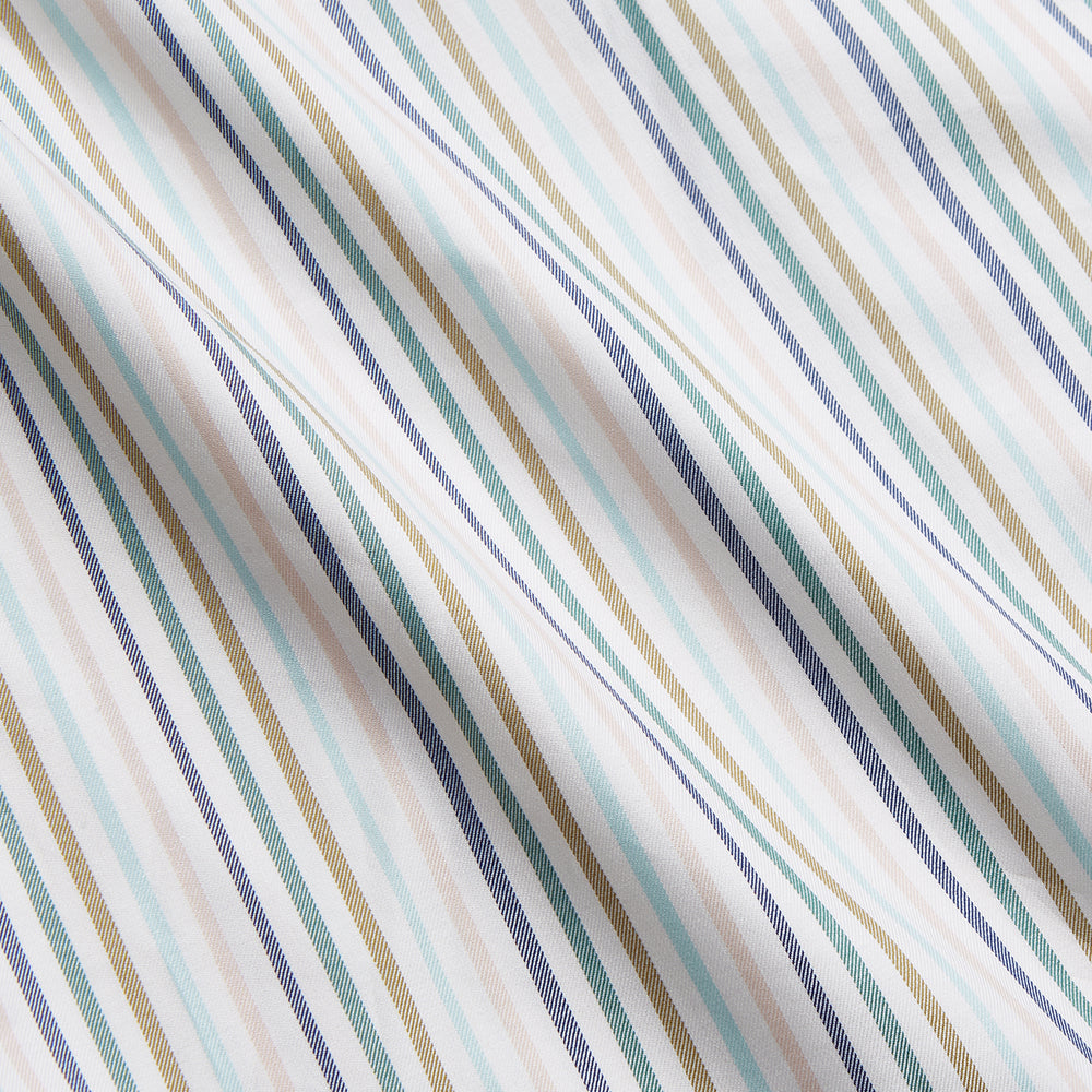 Turnbull & Asser’s Green Multi Stripe Harriet Women’s Pyjama Set features premium cotton, a button-up long-sleeve top, drawstring pants, and thin blue, green, and beige stripes on white with black piping for a timeless look.