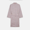 View 4 of product The Turnbull & Asser Burgundy Multi Check Cotton Kimono Gown is a knee-length robe with a burgundy check, red/blue/white pattern, long sleeves, a belt, and a solid burgundy inside collar.