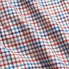 View 3 of product The Turnbull & Asser Burgundy Multi Check Cotton Kimono Gown is a knee-length robe with a burgundy check, red/blue/white pattern, long sleeves, a belt, and a solid burgundy inside collar.