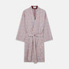 View 1 of product The Turnbull & Asser Burgundy Multi Check Cotton Kimono Gown is a knee-length robe with a burgundy check, red/blue/white pattern, long sleeves, a belt, and a solid burgundy inside collar.