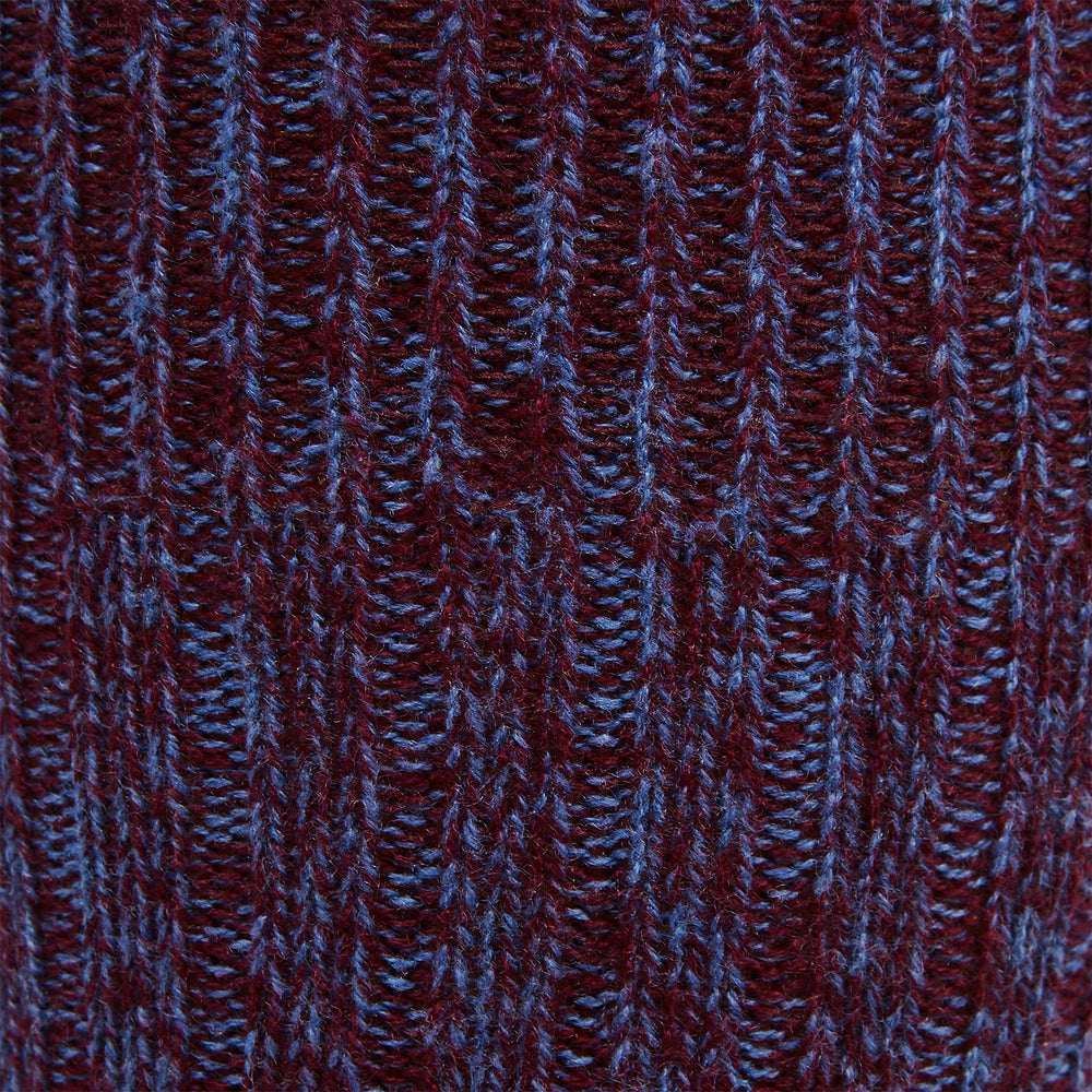 A single Burgundy Multi 3/4 Length Cashmere Sock by Turnbull & Asser is displayed upright on a plain white background, highlighting its luxurious texture and premium quality for discerning footwear enthusiasts.