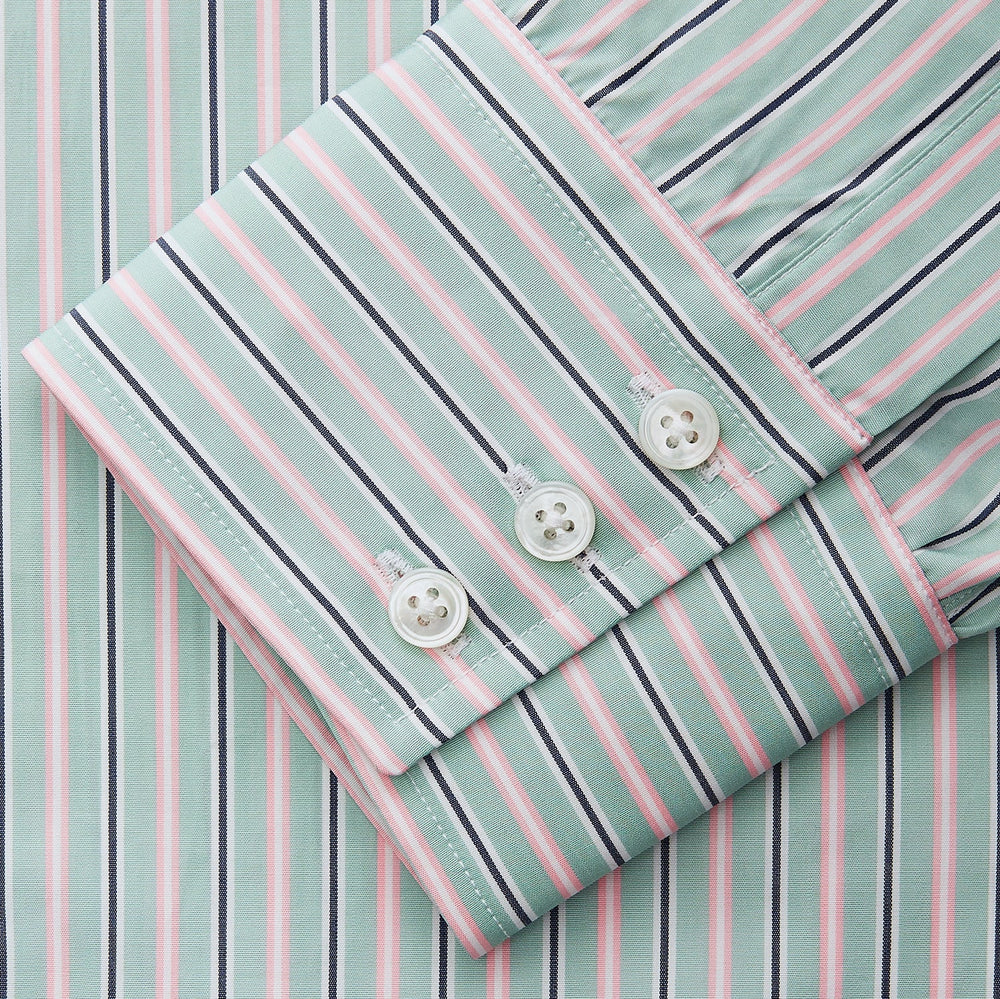 Green, Navy & Pink Stripe Regular Fit Shirt with T&A Collar and 3 Button Cuffs