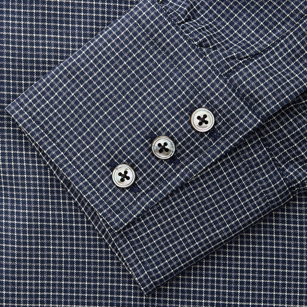 Navy Check Regular Fit Flannel Shirt with T&A Collar and 3 Button Cuffs