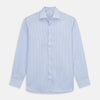 View 1 of product Turnbull & Asser Blue Multi Stripe Tailored Fit Twill Shirt features a Kent collar, 2 button cuffs, and white buttons. Crafted from Italian cotton, it's displayed flat on a white background.
