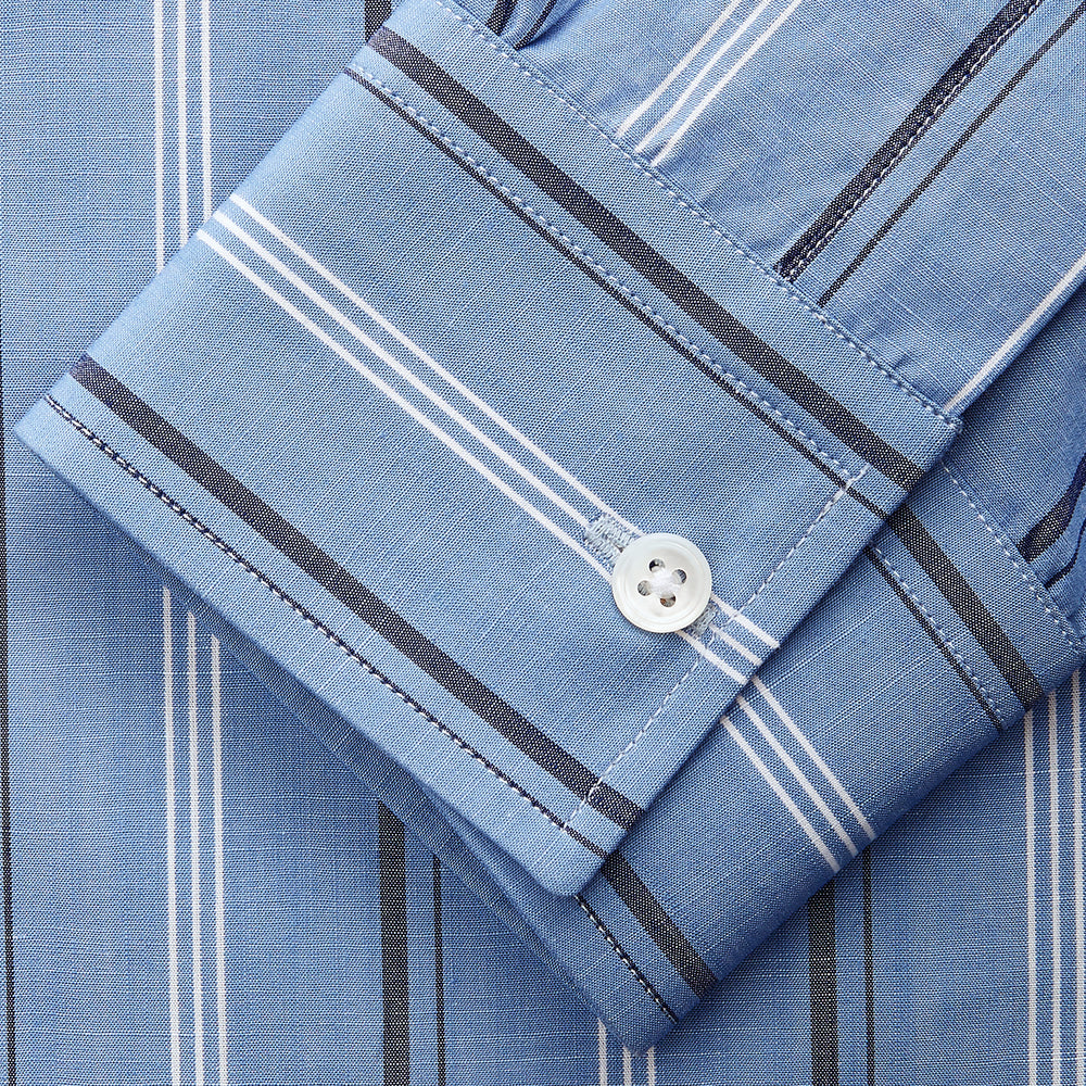 Blue Multi Chambray Stripe Weekend Fit Shirt with Derby Collar and 1 Button Cuffs