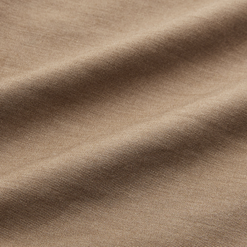 The Turnbull & Asser Brown Military Weekend Fit Cotton & Wool Shirt features a stand collar, 1-button cuffs, and two chest flap pockets; shown laid flat on a white background.