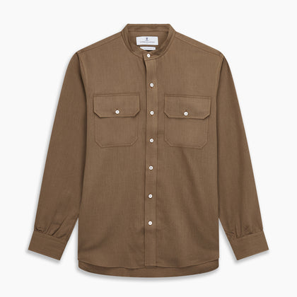 Brown Military Weekend Fit Cotton & Wool Shirt with Stand Collar and 1 Button Cuffs Image 6