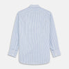 View 5 of product The Turnbull & Asser Blue Multi Blazer Stripe Regular Fit Mayfair Shirt features light blue and white vertical stripes, a signature Mayfair collar, and is neatly displayed on a white background.