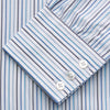 View 3 of product The Turnbull & Asser Blue Multi Blazer Stripe Regular Fit Mayfair Shirt features light blue and white vertical stripes, a signature Mayfair collar, and is neatly displayed on a white background.