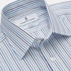 View 2 of product The Turnbull & Asser Blue Multi Blazer Stripe Regular Fit Mayfair Shirt features light blue and white vertical stripes, a signature Mayfair collar, and is neatly displayed on a white background.