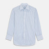 View 1 of product The Turnbull & Asser Blue Multi Blazer Stripe Regular Fit Mayfair Shirt features light blue and white vertical stripes, a signature Mayfair collar, and is neatly displayed on a white background.