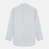 View 5 of product The Turnbull & Asser Yellow Multi Blazer Stripe Regular Fit Mayfair Shirt features a T&A collar and thin blue, yellow, and green stripes on white, shown against a crisp white backdrop.