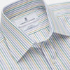 View 2 of product The Turnbull & Asser Yellow Multi Blazer Stripe Regular Fit Mayfair Shirt features a T&A collar and thin blue, yellow, and green stripes on white, shown against a crisp white backdrop.