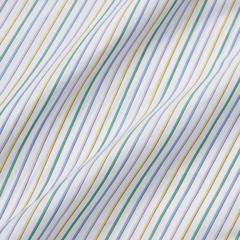The Turnbull & Asser Yellow Multi Blazer Stripe Regular Fit Mayfair Shirt features a T&A collar and thin blue, yellow, and green stripes on white, shown against a crisp white backdrop.
