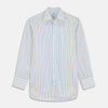 View 1 of product The Turnbull & Asser Yellow Multi Blazer Stripe Regular Fit Mayfair Shirt features a T&A collar and thin blue, yellow, and green stripes on white, shown against a crisp white backdrop.