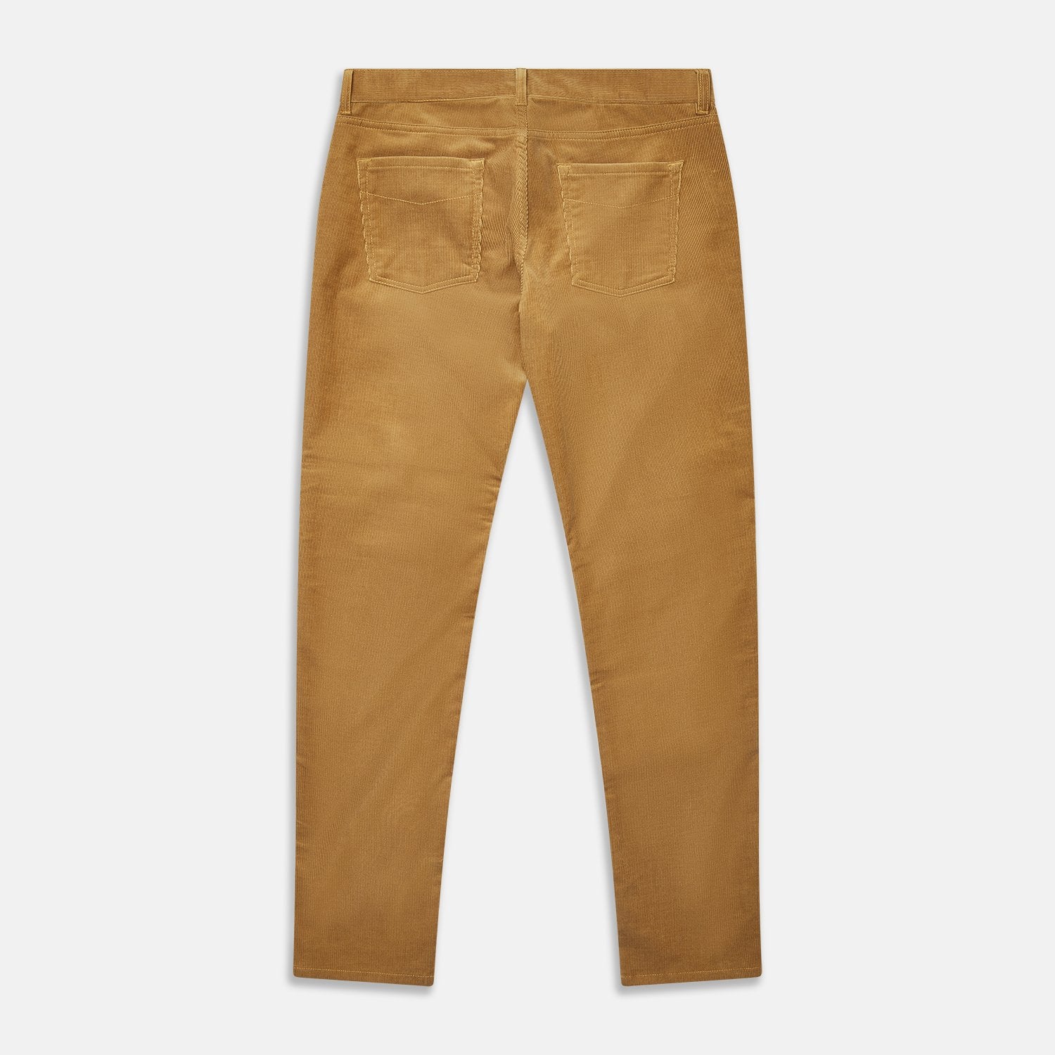 View 3 of product The Caramel Cord Mylo Trousers by Turnbull & Asser, slim-fit with a five-pocket design, are displayed flat on a white background.