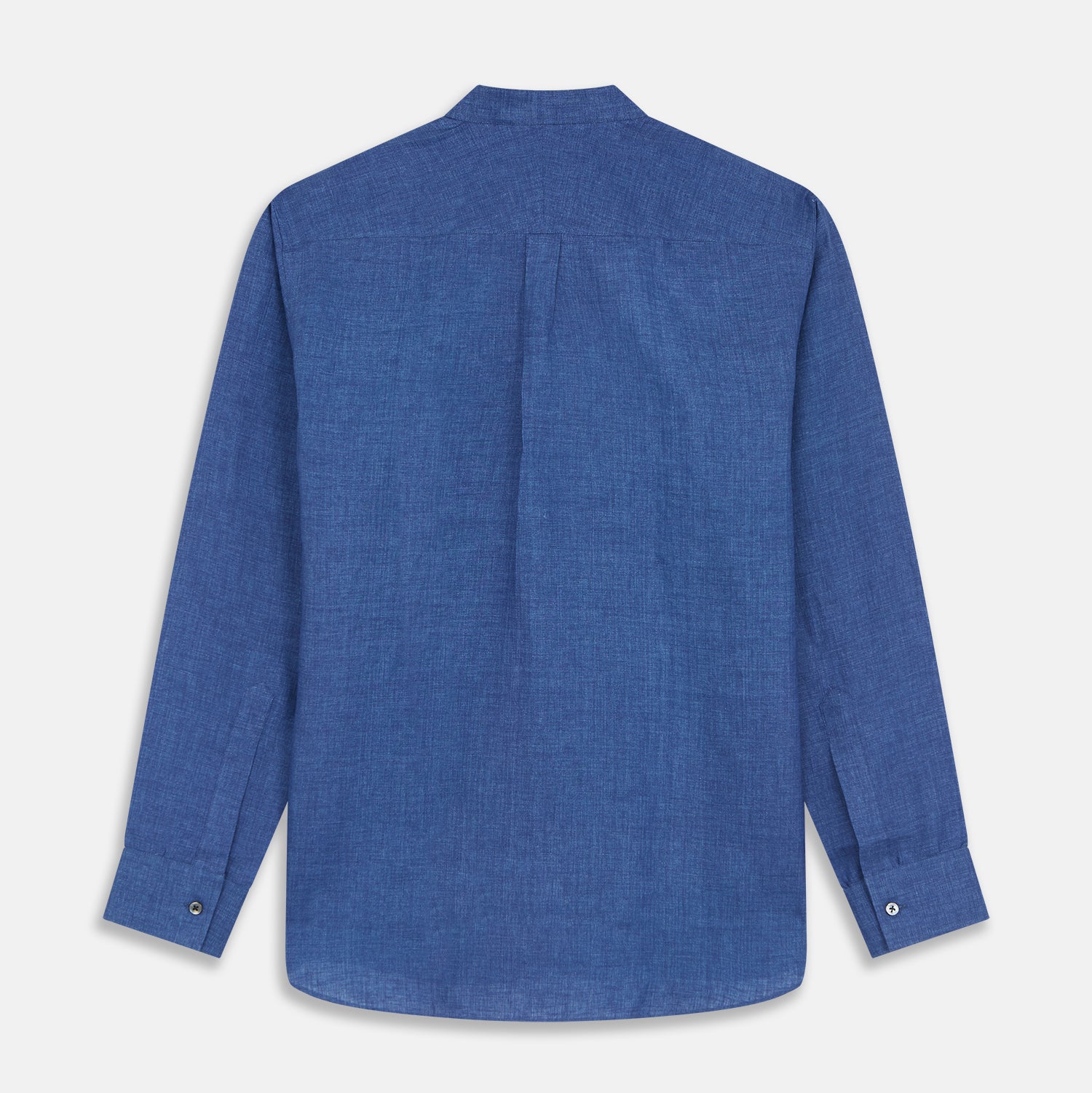 View 5 of product The Turnbull & Asser Navy Linen Weekend Fit Blake Shirt features long sleeves and a stand collar, shown here laid flat on a white background.