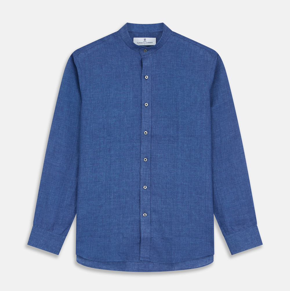 The Turnbull & Asser Navy Linen Weekend Fit Blake Shirt features long sleeves and a stand collar, shown here laid flat on a white background.