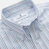 View 2 of product The Turnbull & Asser Blue Multi Blazer Stripe Weekend Fit Suffolk Shirt is a long-sleeved, collared button-up with vertical blue stripes and a chest pocket, shown laid flat on a white background—ideal for casual weekends.