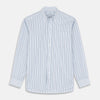 View 1 of product The Turnbull & Asser Blue Multi Blazer Stripe Weekend Fit Suffolk Shirt is a long-sleeved, collared button-up with vertical blue stripes and a chest pocket, shown laid flat on a white background—ideal for casual weekends.