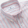 View 2 of product The Turnbull & Asser Red Multi Blazer Stripe Weekend Fit Suffolk Shirt features blue, red, and white stripes, a Dorset collar, single breast pocket, and long sleeves. Displayed flat against a white background.