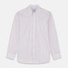 View 1 of product The Turnbull & Asser Red Multi Blazer Stripe Weekend Fit Suffolk Shirt features blue, red, and white stripes, a Dorset collar, single breast pocket, and long sleeves. Displayed flat against a white background.