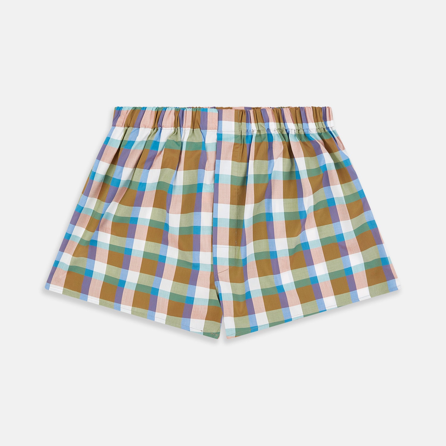View 1 of product Turnbull & Asser's Green and Pink Multi Check Linen Blend Godfrey Boxer Shorts feature a colorful plaid pattern and elastic waistband, shown on a plain white background.