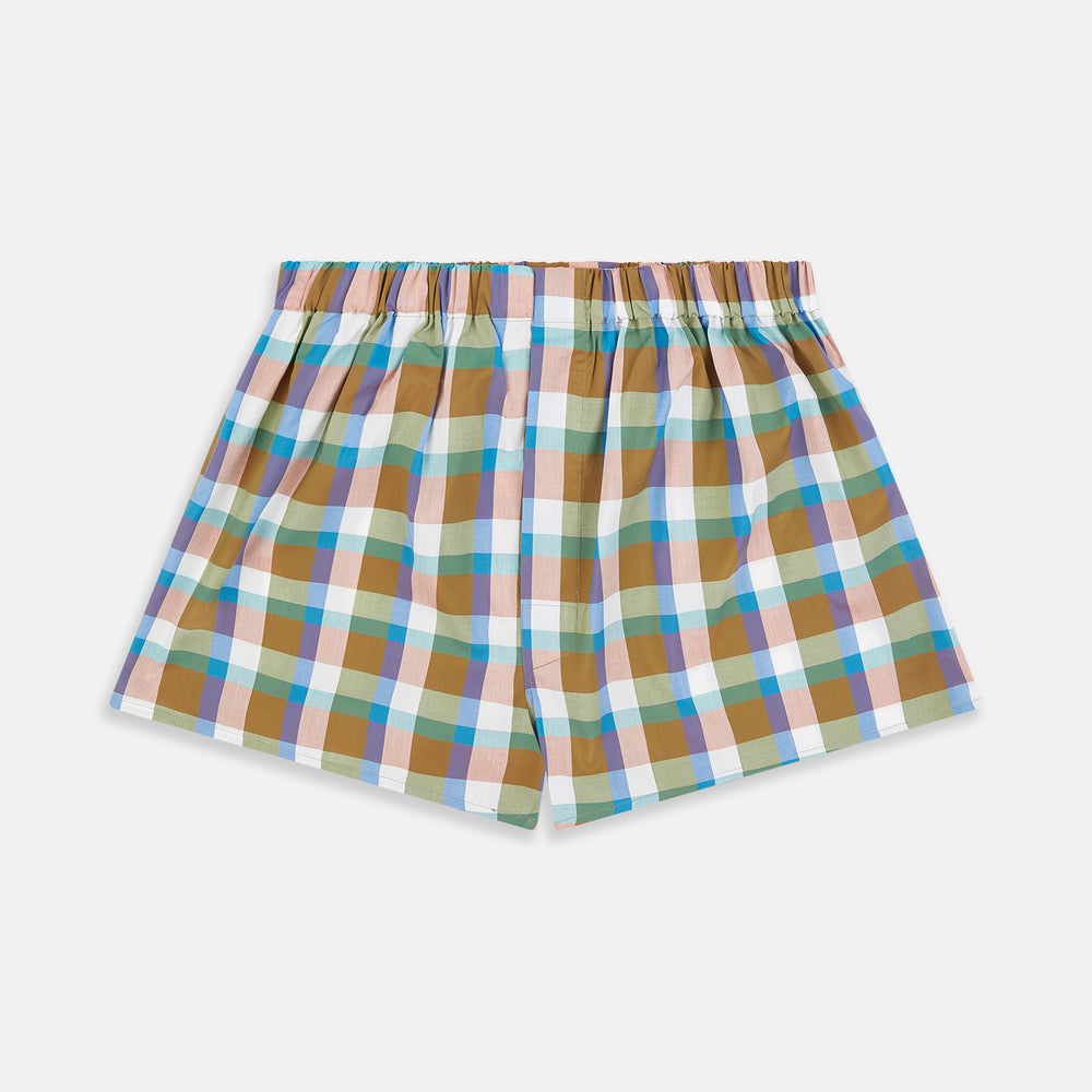 Green and Pink Multi Check Linen Blend Godfrey Boxer Shorts
