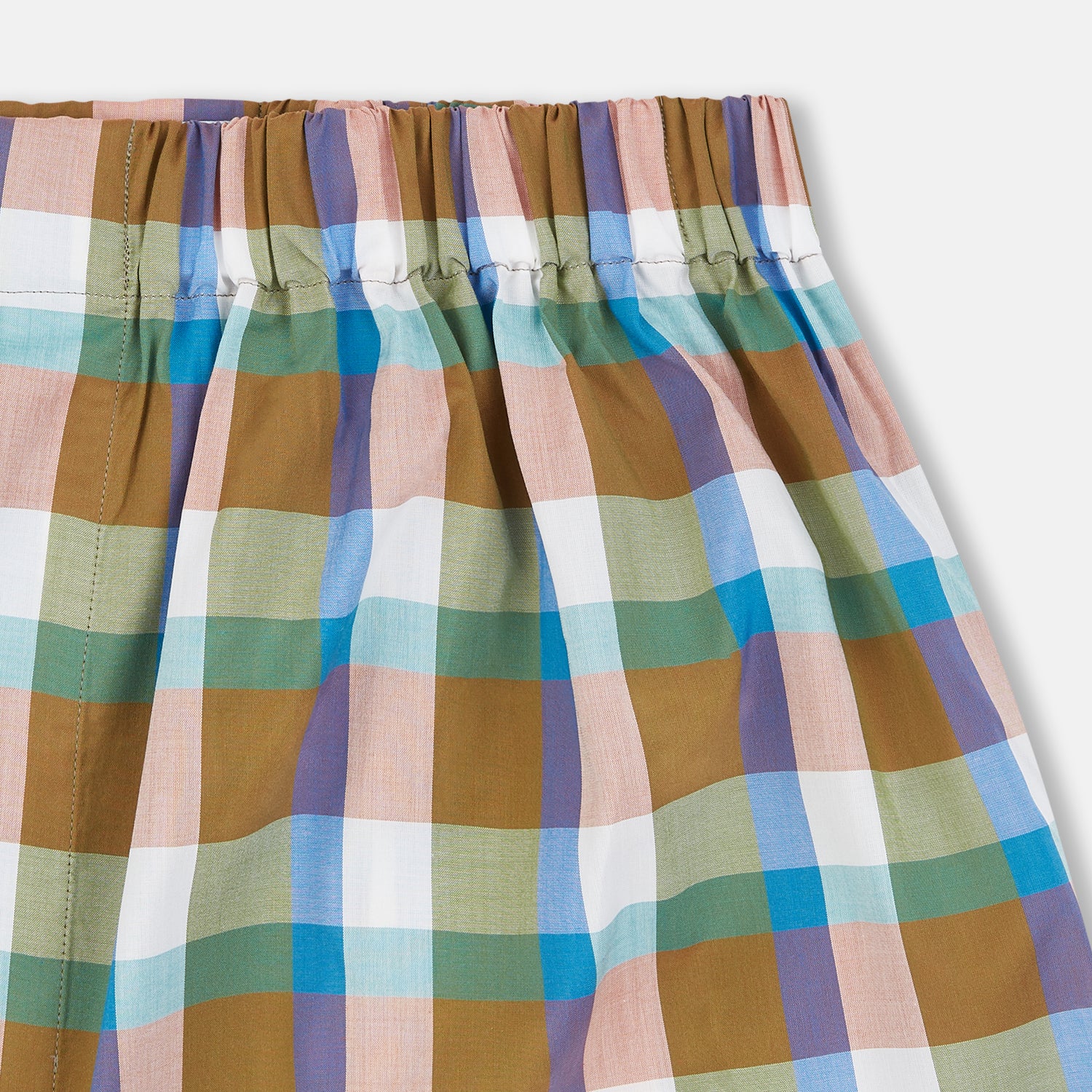 View 2 of product Turnbull & Asser's Green and Pink Multi Check Linen Blend Godfrey Boxer Shorts feature a colorful plaid pattern and elastic waistband, shown on a plain white background.