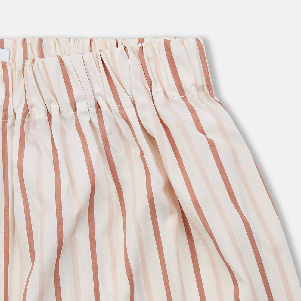 Turnbull & Asser’s Burgundy Multi Striped Cotton Godfrey Boxer Shorts feature a comfortable elastic waistband and stylish vertical red and beige stripes on white—a perfect choice for men’s underwear.