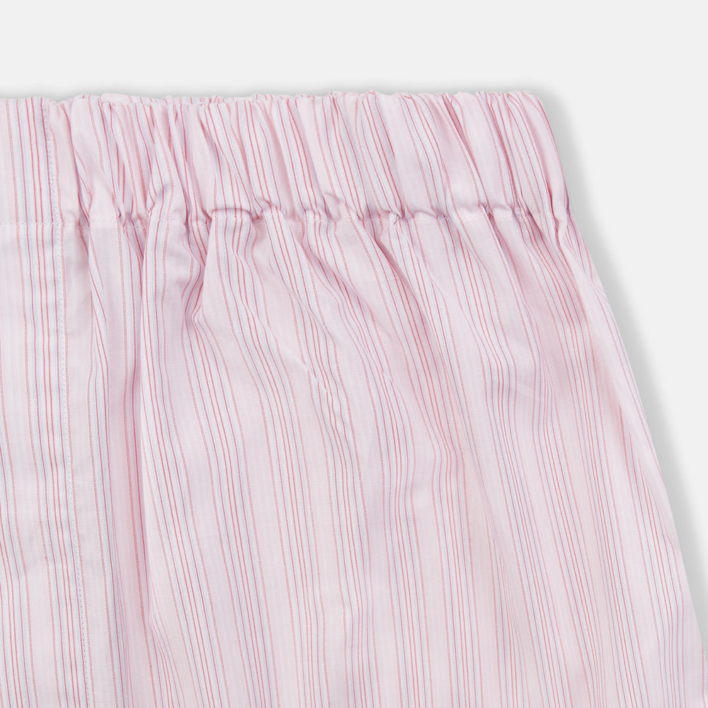 Turnbull & Asser Pink Multi Striped Cotton Godfrey Boxer Shorts feature vertical light pink and white stripes and an elastic waistband—luxury underwear that combines classic style with comfort. Displayed flat against a white background.
