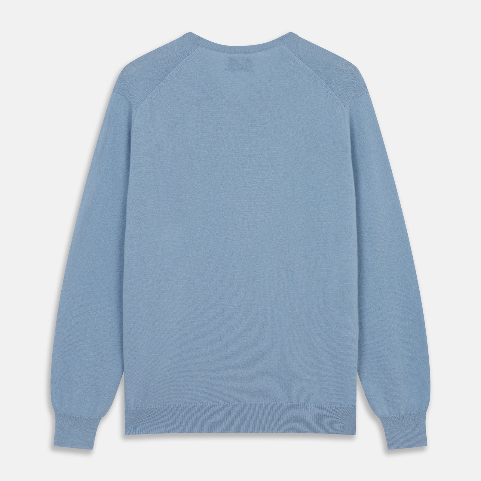 View 3 of product The Turnbull & Asser Pale Blue Cashmere Paden V-Neck Jumper features long sleeves, ribbed cuffs and hem, and is shown laid flat on a white background—an ideal choice for men's style.