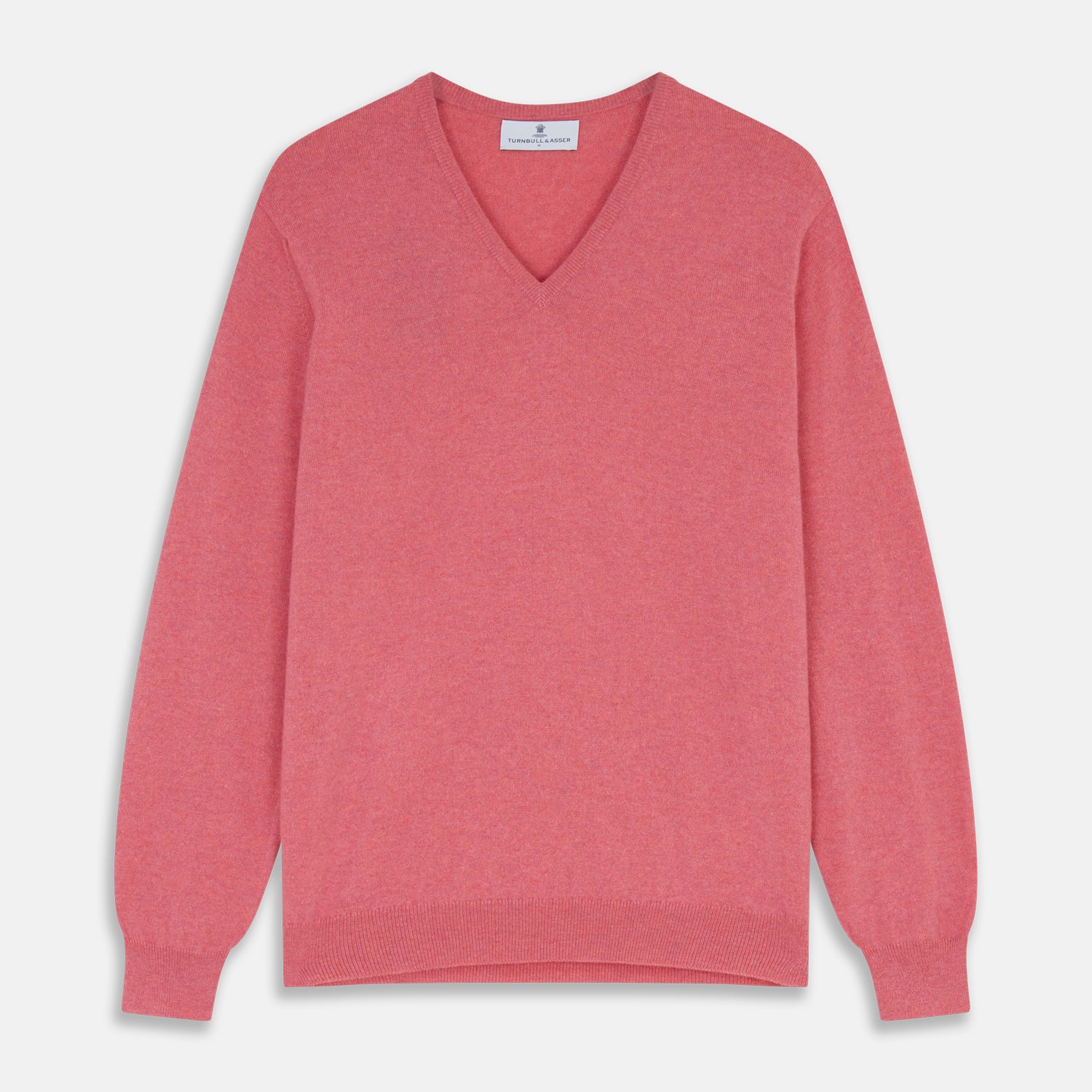 View 1 of product The Pink Cashmere Paden V-Neck Jumper by Turnbull & Asser, knitted in Scotland, is shown laid flat on a white background. This long-sleeved sweater features ribbed cuffs, hem, and neckline.