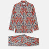 View 1 of product The Turnbull & Asser Red Baroque Silk-Blend Hyde Pyjama Set features a long-sleeve button-up shirt and matching pants in an intricate red, blue, and beige floral-geometric print, displayed flat against a white background.
