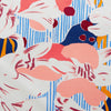 View 3 of product The Pink and Red Lily Silk Pocket Square by Turnbull & Asser features a vibrant, hand-drawn floral design with large lilies and abstract shapes in pink, white, blue, and yellow on pale blue vertical stripes.