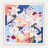 View 1 of product The Pink and Red Lily Silk Pocket Square by Turnbull & Asser features a vibrant, hand-drawn floral design with large lilies and abstract shapes in pink, white, blue, and yellow on pale blue vertical stripes.