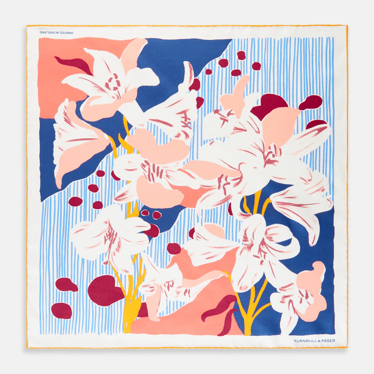 View 1 of product The Pink and Red Lily Silk Pocket Square by Turnbull & Asser features a vibrant, hand-drawn floral design with large lilies and abstract shapes in pink, white, blue, and yellow on pale blue vertical stripes.