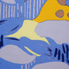 View 3 of product The Blue and Yellow Lily Silk Pocket Square by Turnbull & Asser features a vibrant, hand-drawn design of large blue lilies with dark stems on a yellow background adorned with pale blue stripes and tan abstract shapes.