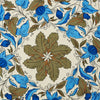 View 3 of product The Turnbull & Asser Pale Blue and Oat Foliage Pattern Silk Pocket Square is crafted in England, featuring a cream background with a circular blue and green floral design, bordered edges, and the brand's logo in one corner.