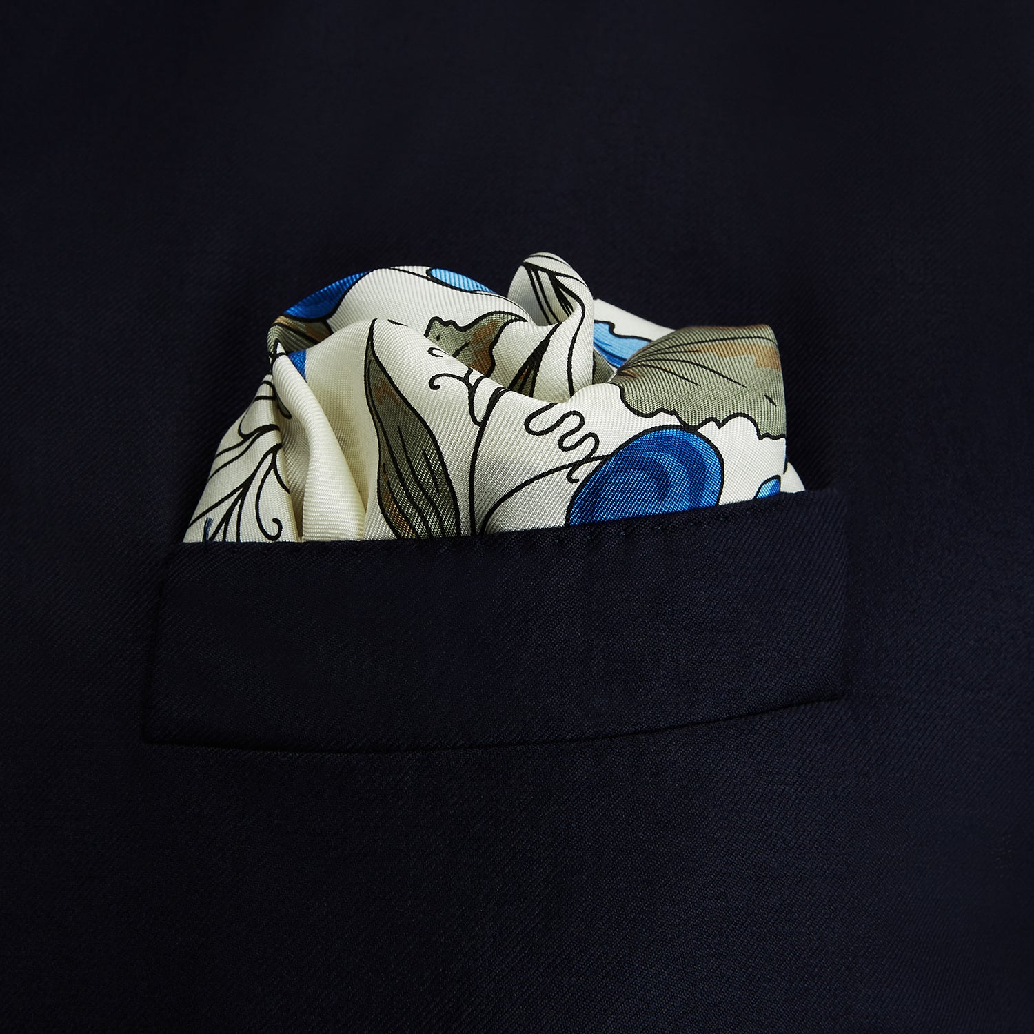 Pale Blue and Oat Foliage Pattern Silk Pocket Square